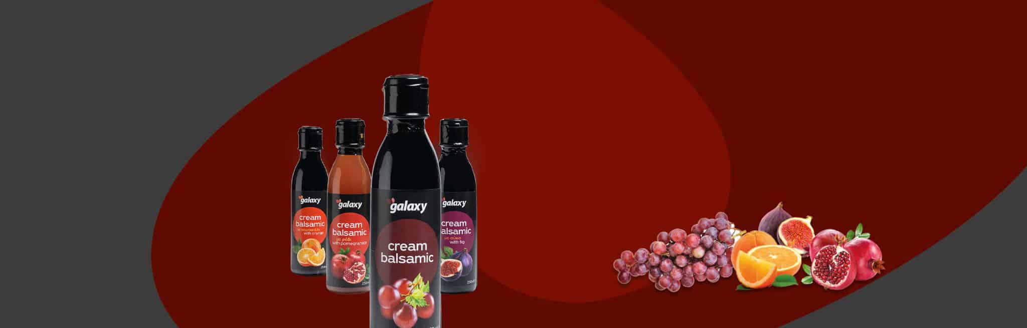 Galaxy balsamic creams bottles and decorative fruits